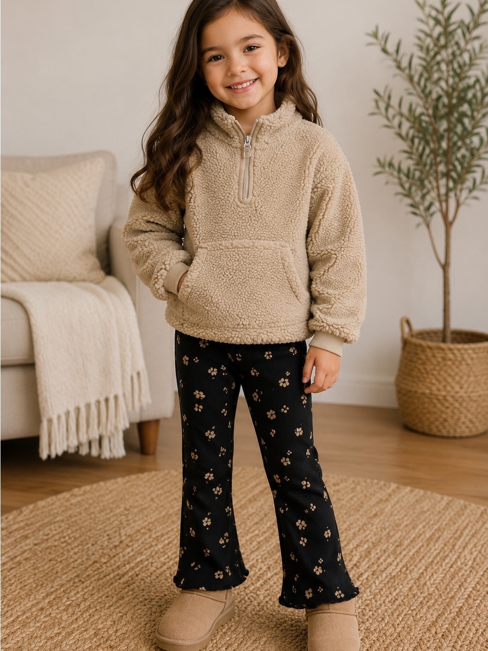 Carter's Beige Sherpa Pullover and Black Floral Pants Matching Set